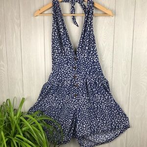 NWOT 90’s Vintage Handmade blue floral romper shorts v-neck halter pockets